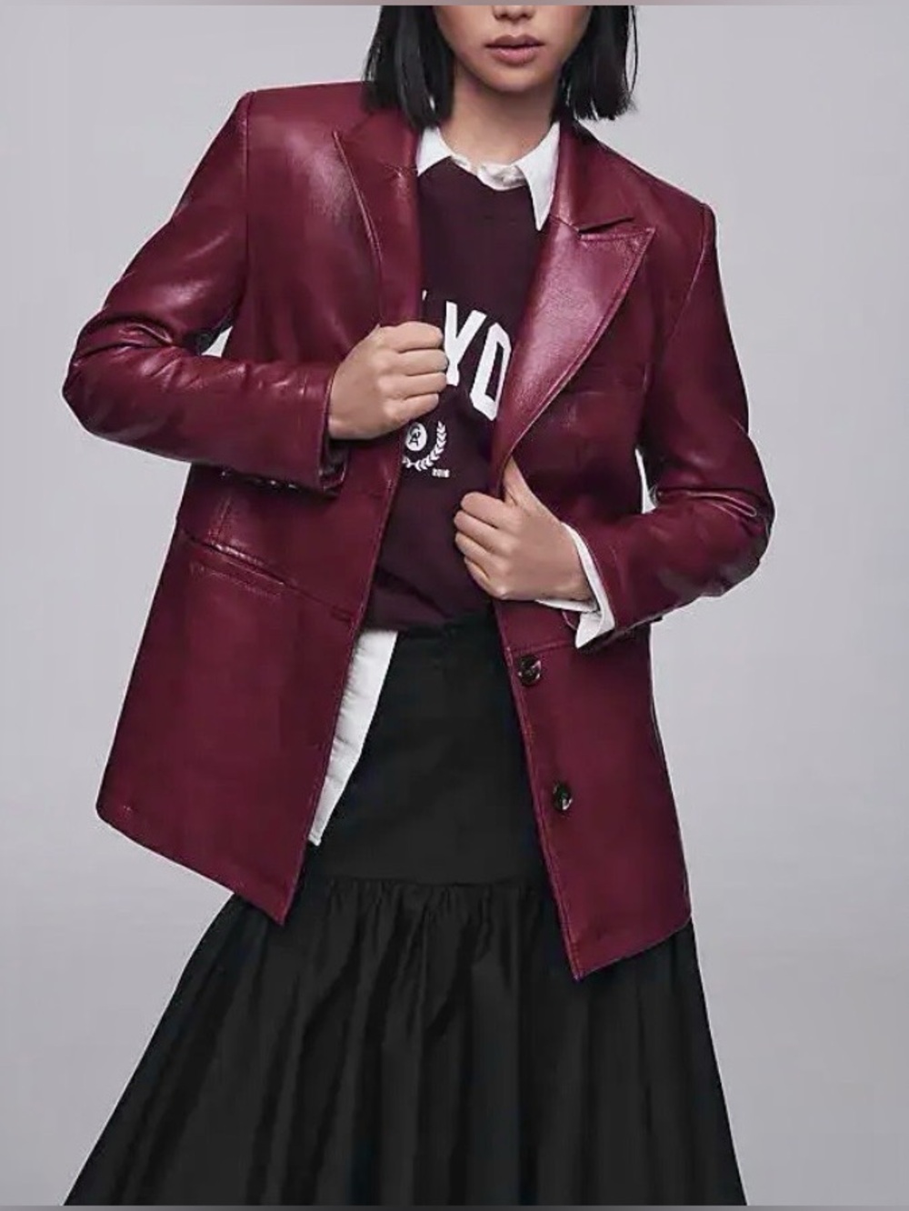 Anthropologie Maeve Burgundy Faux Leather Button Up Long Jacket Size XS